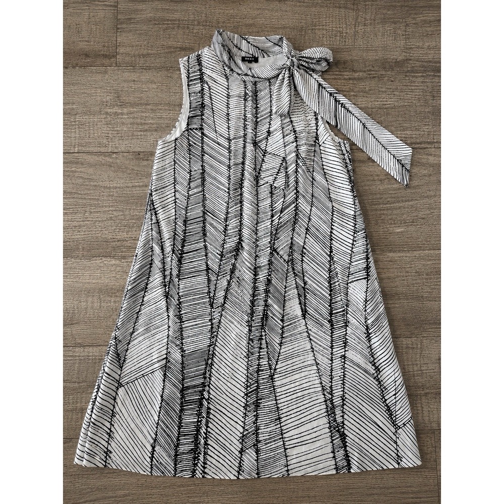DKNY Women Black White Abstract Stripe Sleeveless Tie Neck A-Line Dress EST. 16